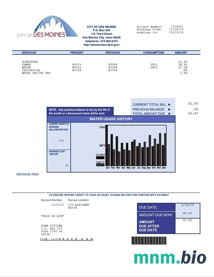 Szablon rachunku za media wodne w USA Iowa City of Des Moines w formacie Word i PDF